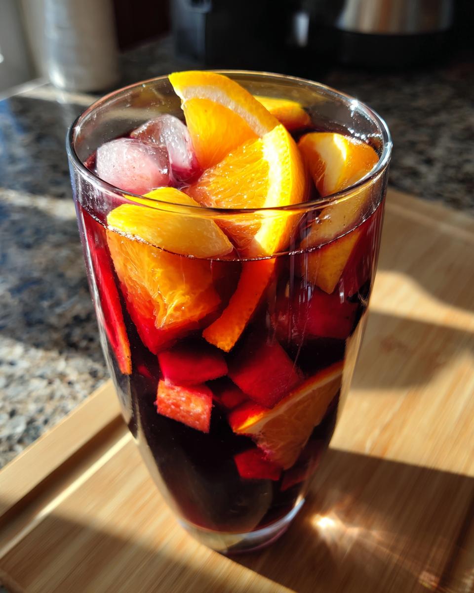 Vaso lleno de sangría sin alcohol con rodajas de naranja y cubos de fruta con hielo.