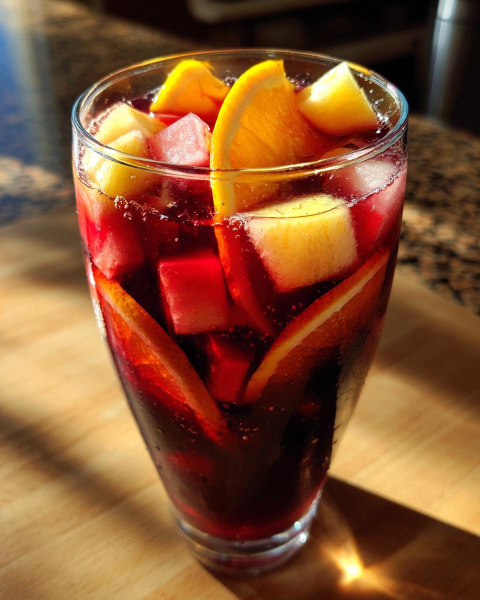 Vaso lleno de sangría sin alcohol con cubos de frutas y rodajas de naranja.
