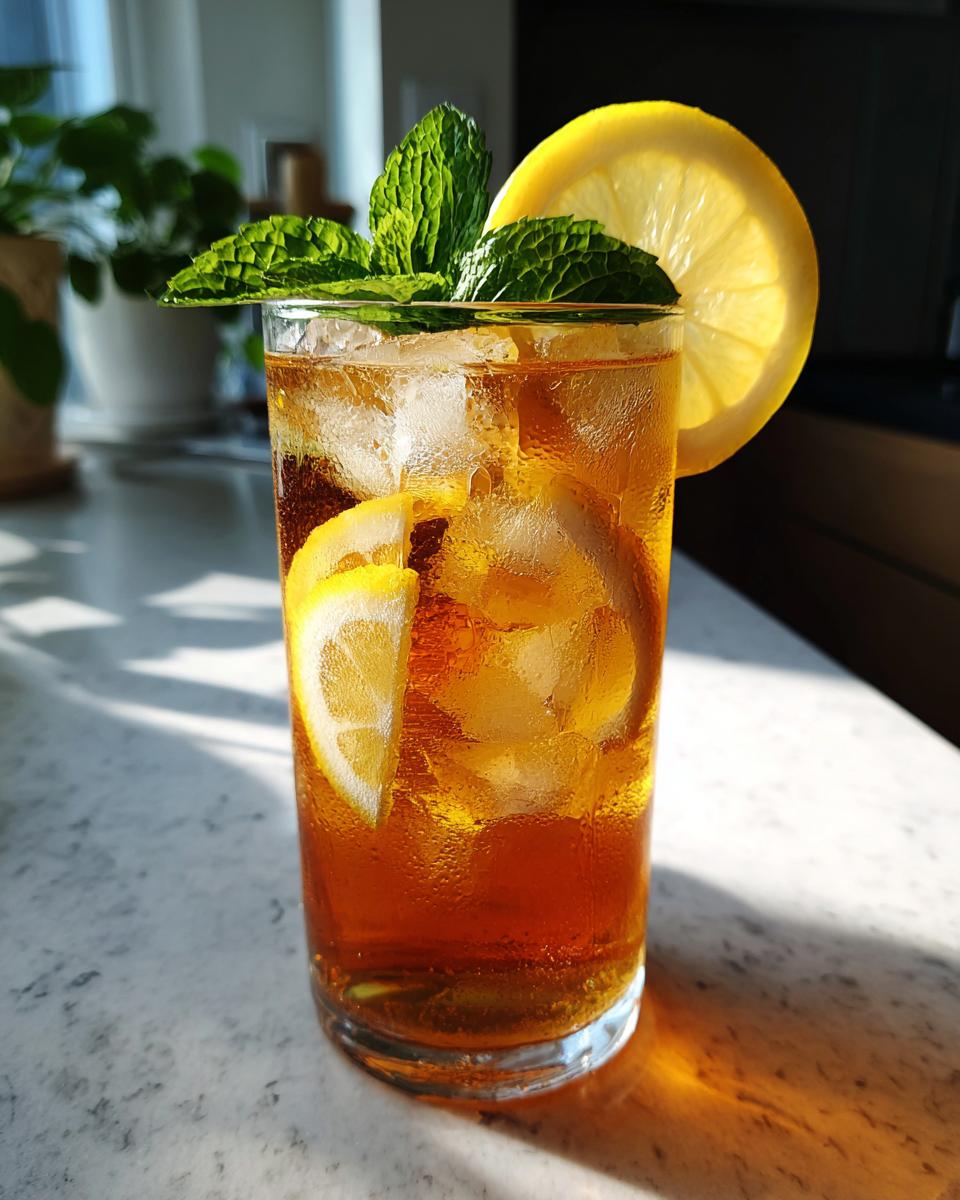 Vaso alto con té frío casero, hielo, rodajas de limón y hojas de menta fresca