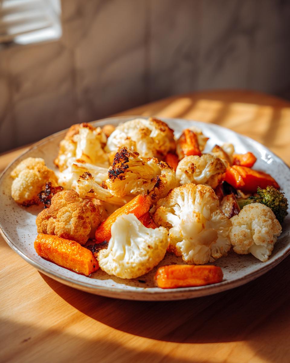 Plato con verduras crujientes airfryer, coliflor y zanahorias doradas al aire