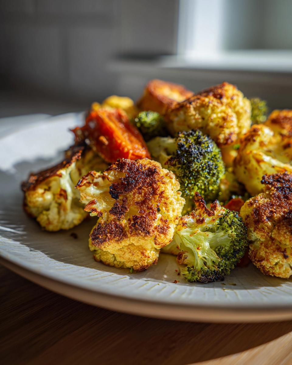 Plato con verduras crujientes airfryer, incluyendo coliflor, brócoli y zanahorias doradas