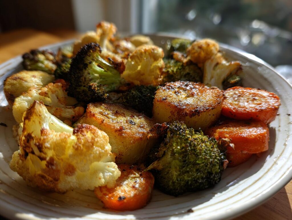 Plato con verduras crujientes airfryer como coliflor, brócoli, zanahorias y papas doradas