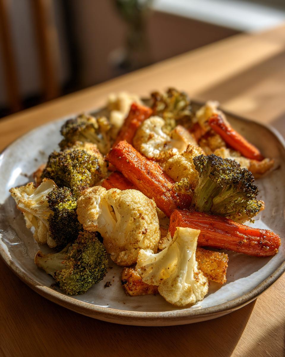 Plato con verduras crujientes airfryer como brócoli, coliflor y zanahorias doradas