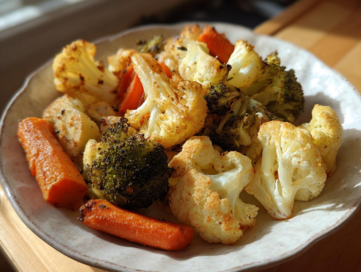 Plato con verduras crujientes airfryer como coliflor, brócoli y zanahorias asadas